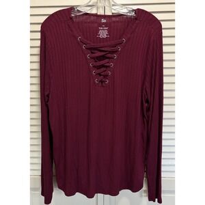 SO Burgundy Deep V Lace Up Neck Long Sleeve Blouse Size XXL Ribbed Soft
